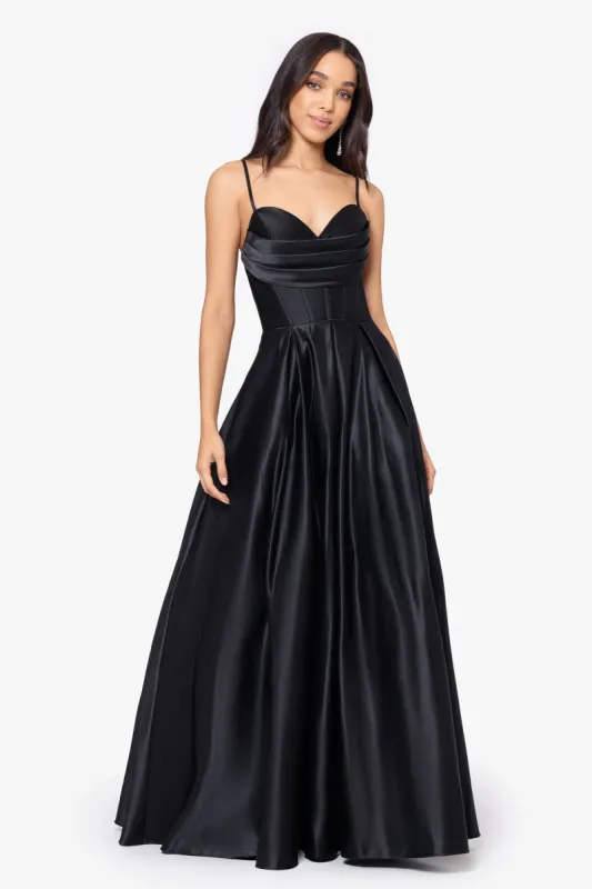 "Liza" Lamour Satin Draped Corset Tieback Gown sold by Betsy & Adam