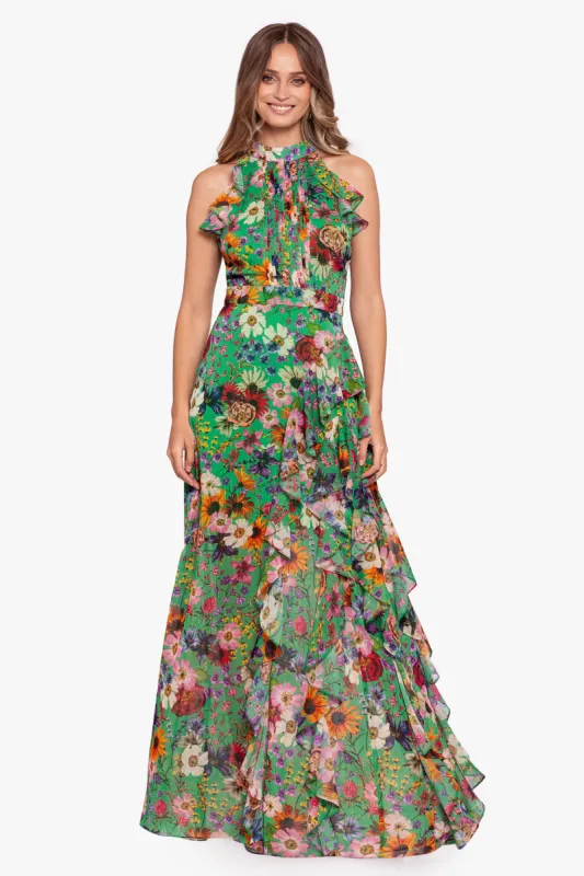 Petite "Cameron" Long Chiffon Print Halter Flutter Dress sold by Betsy & Adam