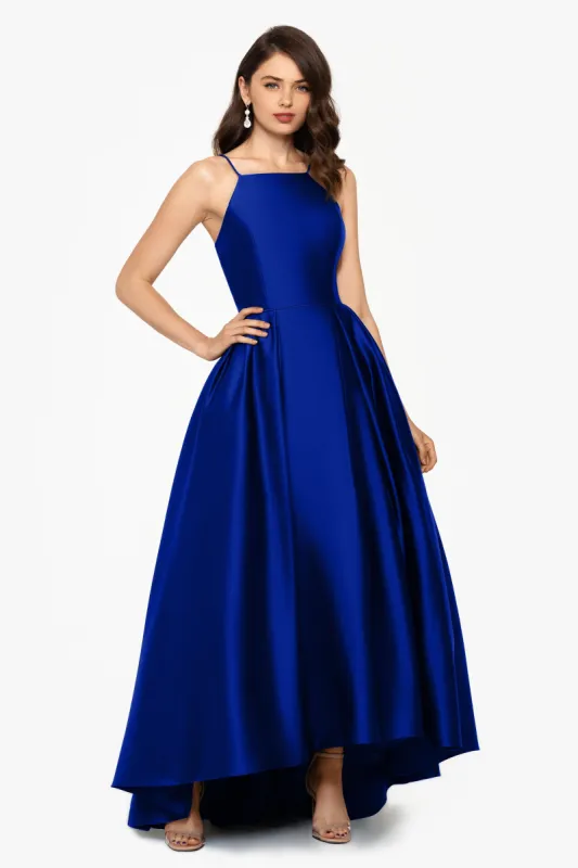 "Grier" Long High Low Halter Satin Ballgown sold by Betsy & Adam