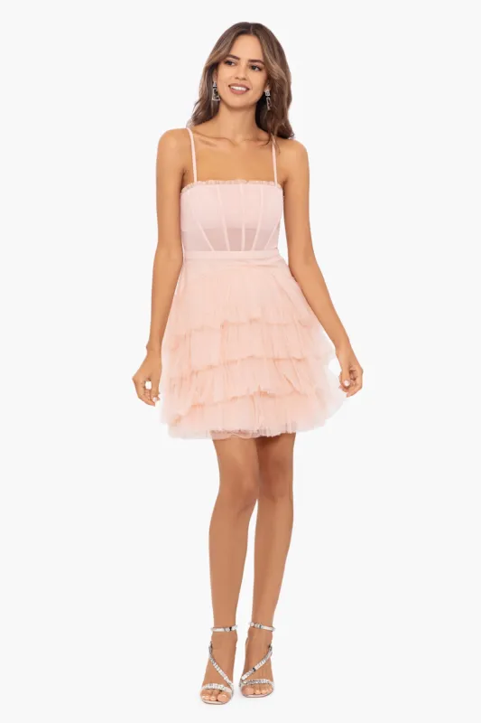 "Kiara" Short Spaghetti Strap Mesh Corset Dress sold by Betsy & Adam