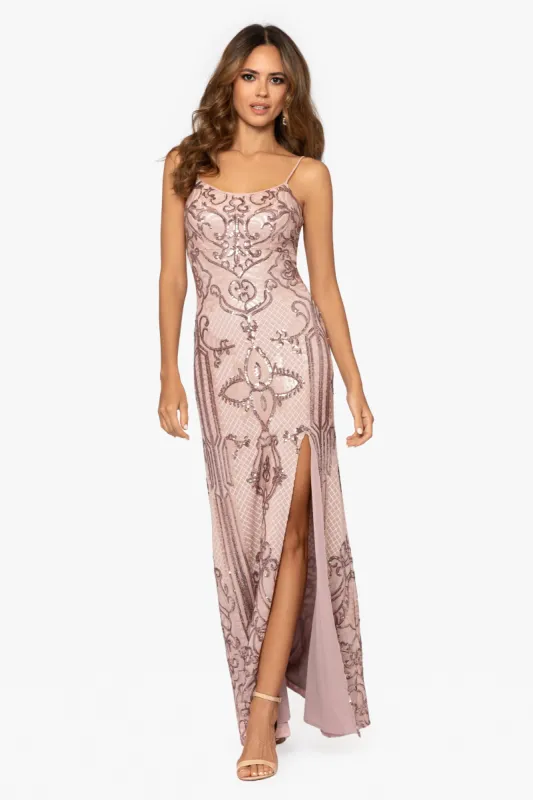 "Reese" Long Sequin Scoop Neck Dress sold by Betsy & Adam