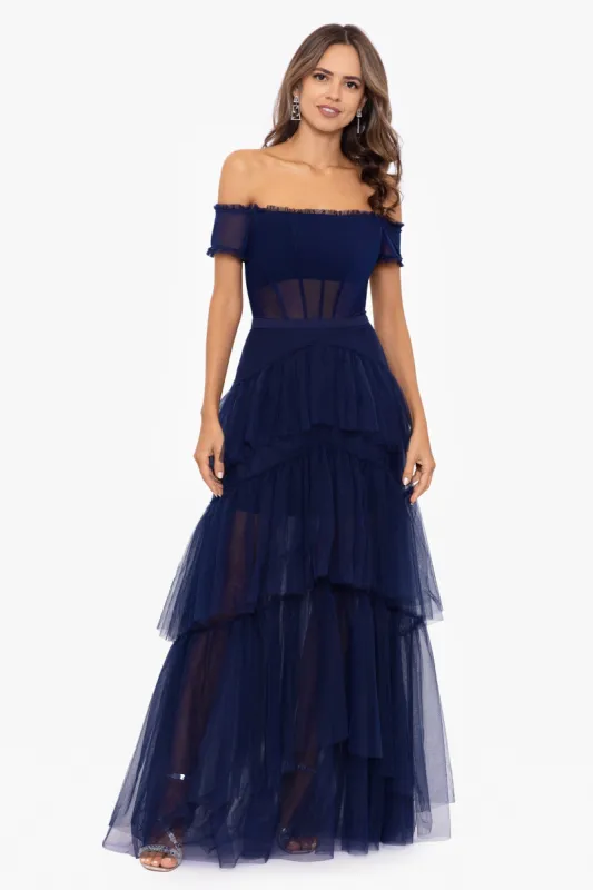 "Kai" Off the Shoulder Tiered Mesh Ball Gown sold by Betsy & Adam