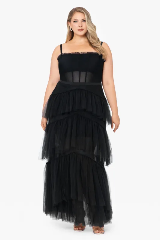 Plus "Jasmine" Long Spaghetti Strap Mesh Corset Gown sold by Betsy & Adam