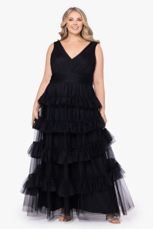 Plus "Autumn" Mesh Tiered V-Neck Gown sold by Betsy & Adam