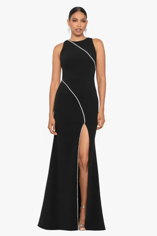 "Bonnie" Long Scuba Crepe Rhinestone Trim Dress sold by Betsy & Adam