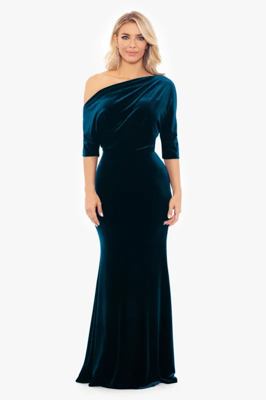 "Arya" Long Off the Shoulder Velvet Drop Dress sold by Betsy & Adam