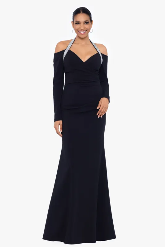 "Beatrice" Long Scuba Crepe Halter Rhinestone Neck Dress sold by Betsy & Adam