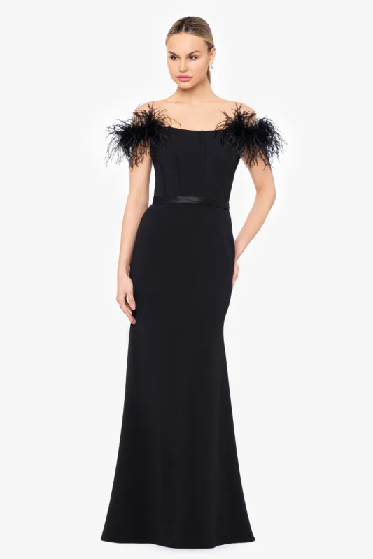 "Kimberly" Long Scuba Crepe Off the Shoulder Feather Dress sold by Betsy & Adam