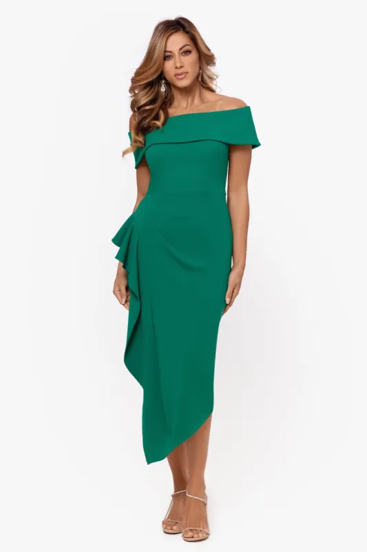 Petite "Maya" Midi Scuba Crepe Off the Shoulder Cuff Side Ruching Dress sold by Betsy & Adam