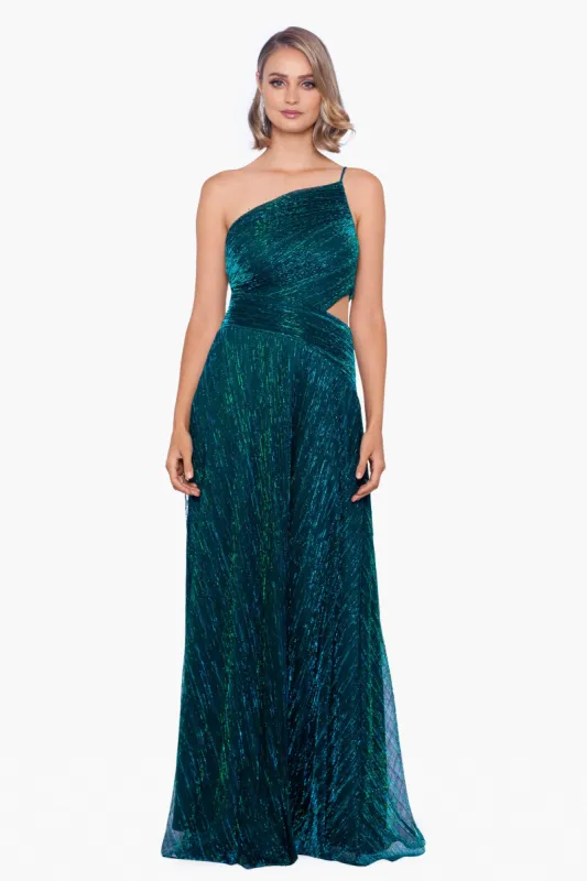 "Kit" Long Metallic Foil One Shoulder Cut Out Dress sold by Betsy & Adam