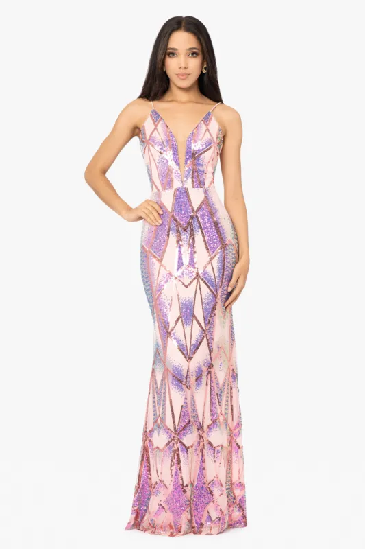 "Harper" Long Sequin Placement V-Neck Dress sold by Betsy & Adam