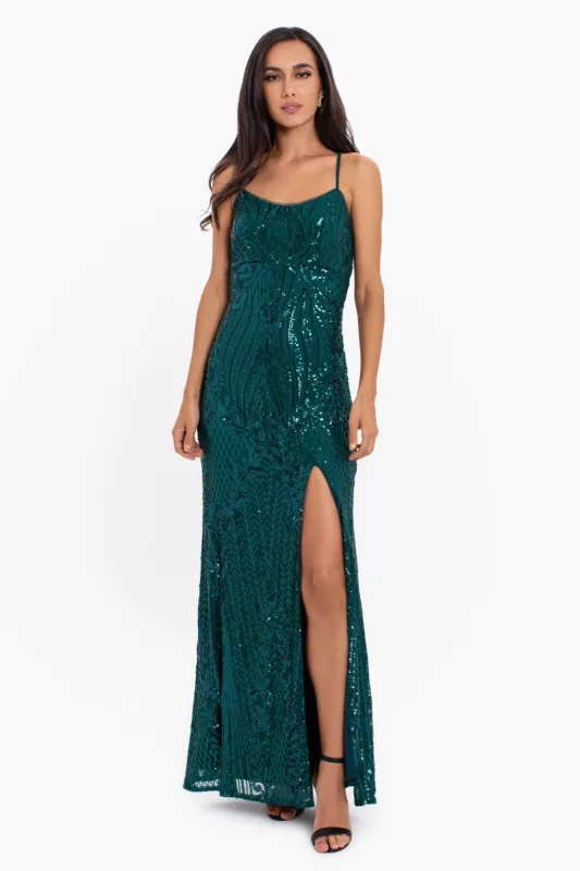 "Adrianna" Long Sequin Slim Spaghetti Strap Dress sold by Betsy & Adam