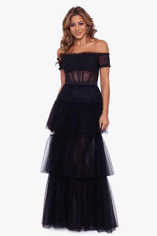 "Kai" Off the Shoulder Tiered Mesh Ball Gown sold by Betsy & Adam