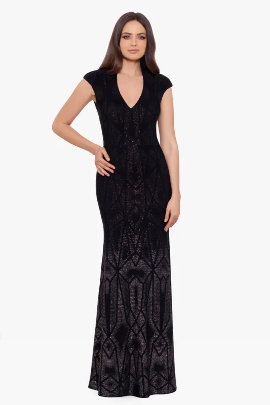 "Alora" Long Cap Sleeve Glitter Ombre Gown sold by Betsy & Adam