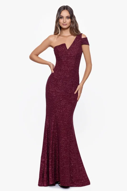 "Ryleigh" Long Glitter Asymmetrical Cold Shoulder Dress made by Betsy & Adam