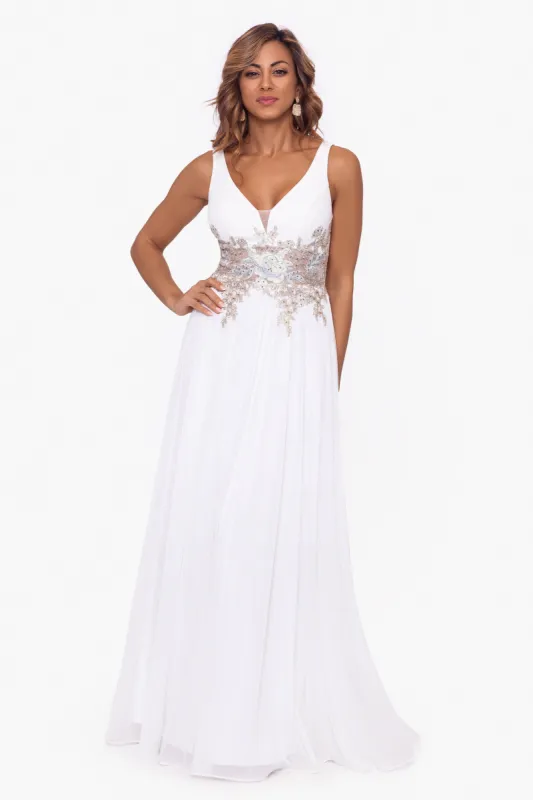 "Zoe" Long Chiffon Embroidery Waist V Neck Dress sold by Betsy & Adam