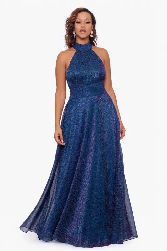 "Kassie" Long Metallic Crinkle Halter Top Wrap Skirt Dress sold by Betsy & Adam