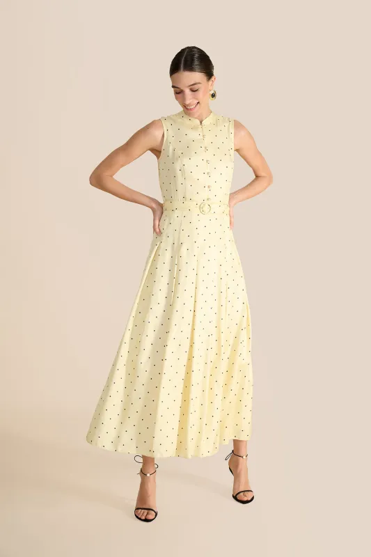 Annabel Yellow & Navy Polka Dot Dress sold by Beulah