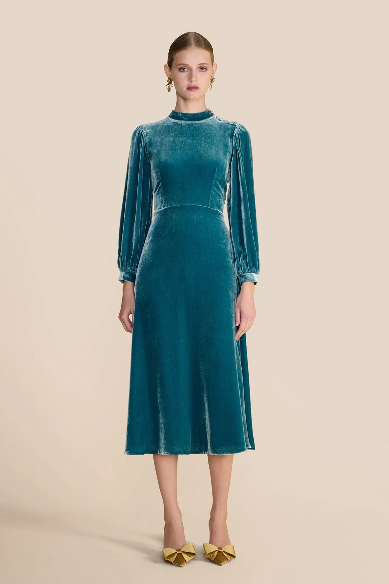 Sonia Teal Velvet Dress sold by Beulah