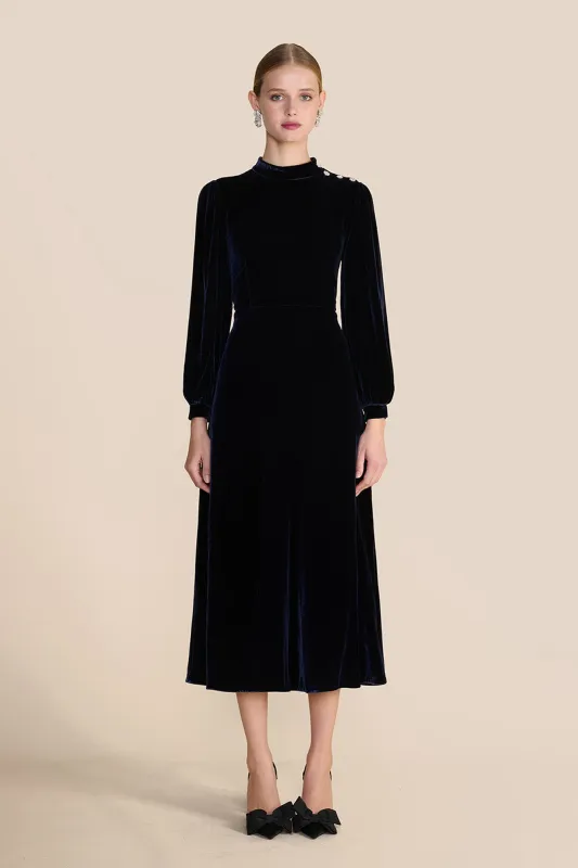 Sonia Midnight Navy Velvet Dress sold by Beulah