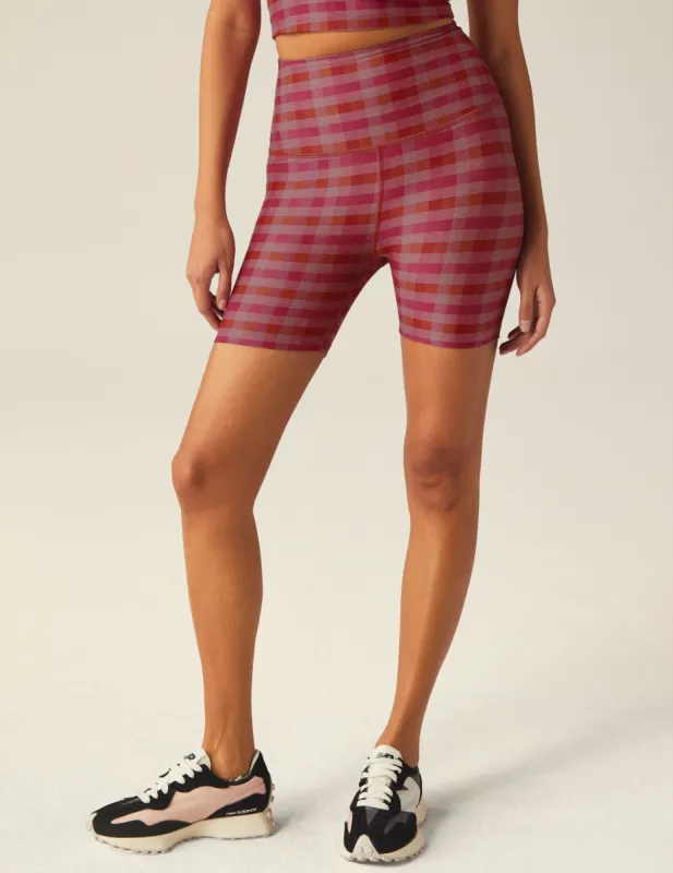 Pink Gingham SoftMark Keep Pace Biker Short made by Beyond Yoga