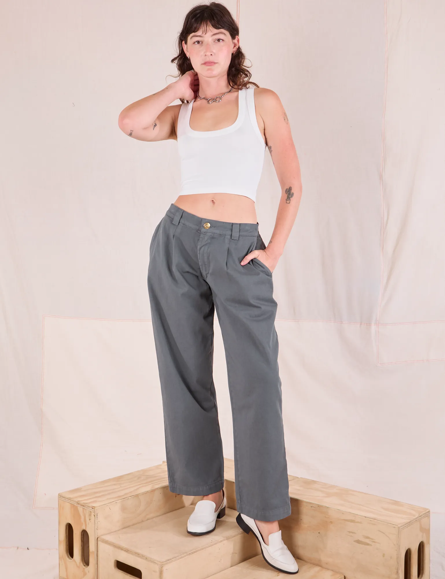 Mid-Rise Pleated Trousers - Slate Grey sold by Big Bud Press