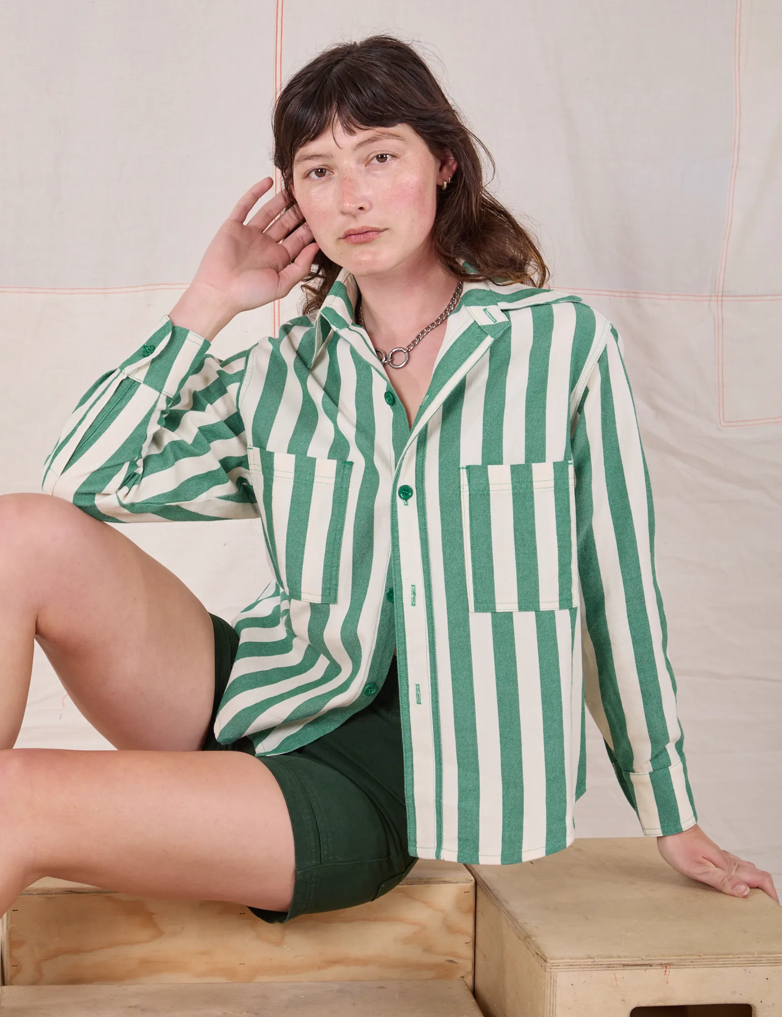 Cropped Overshirt - Summer Stripe - Italian Emerald sold by Big Bud Press