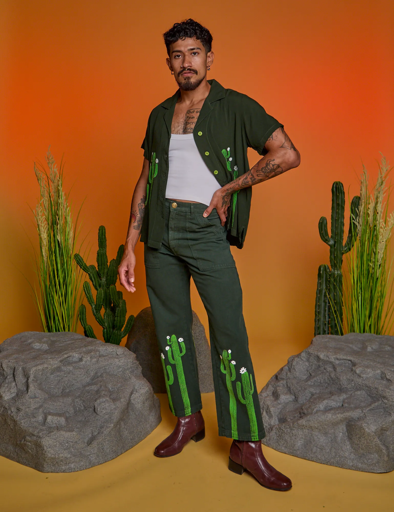Paintstamped Work Pants - Cactus *FINAL SALE* sold by Big Bud Press