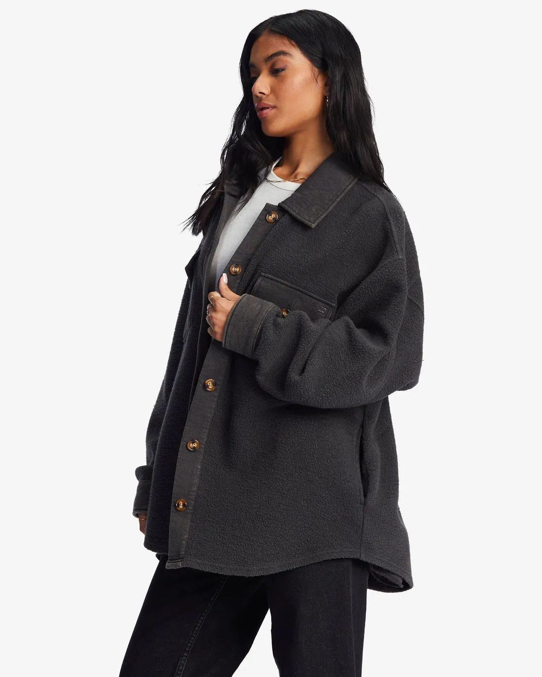 Anytime Shacket Oversized Button-Through Jacket - Off Black 1 sold by Billabong product image thumbnail 3