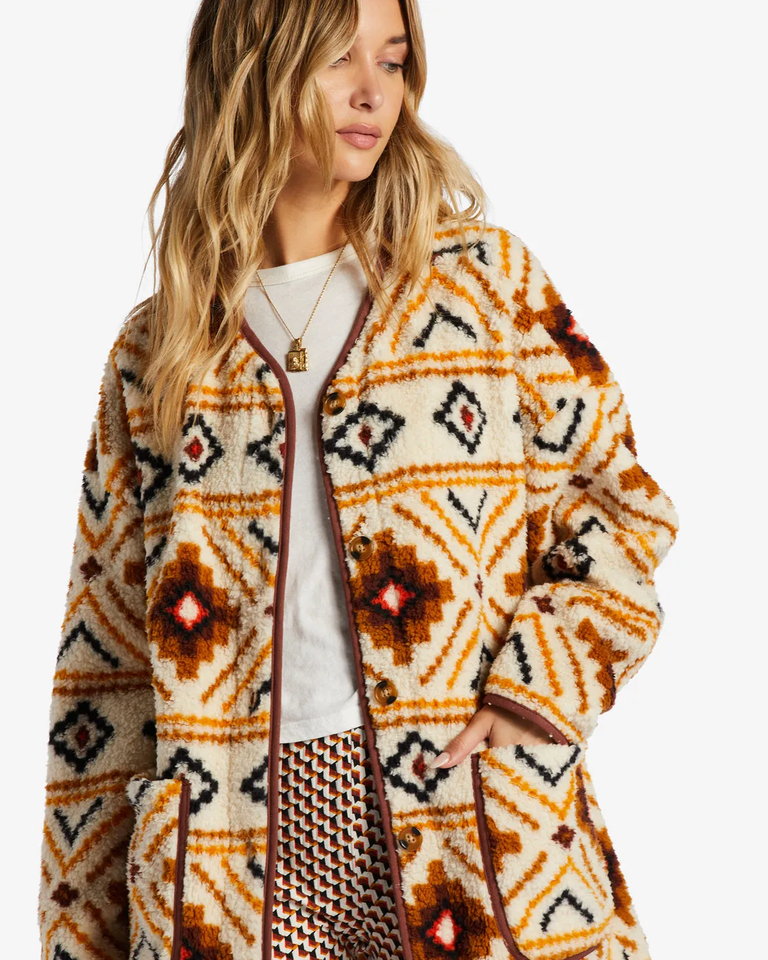 Fireside Cozy Buttoned Fleece Jacket - White Multi sold by Billabong product image thumbnail 5