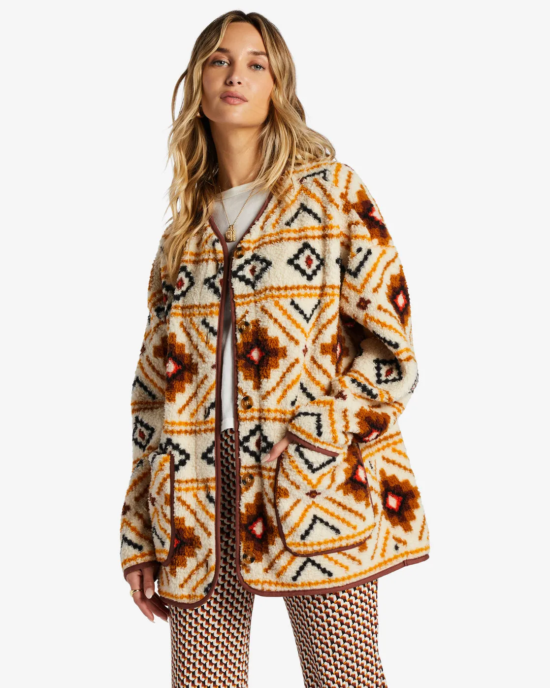 Fireside Cozy Buttoned Fleece Jacket - White Multi sold by Billabong product image thumbnail 2