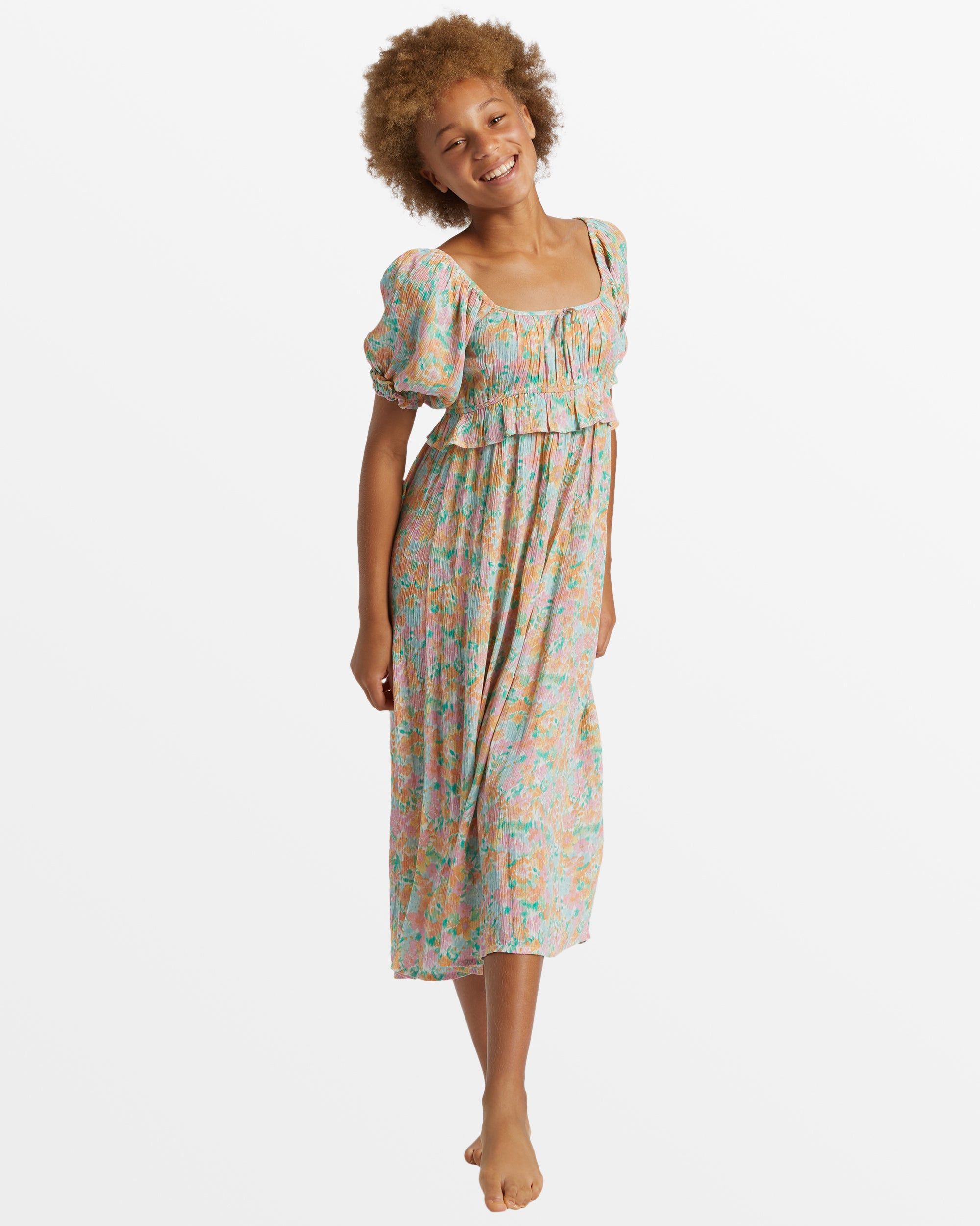 Girl's Lil Cutie Puff Sleeves Midi Dress - Peach Punch sold by Billabong
