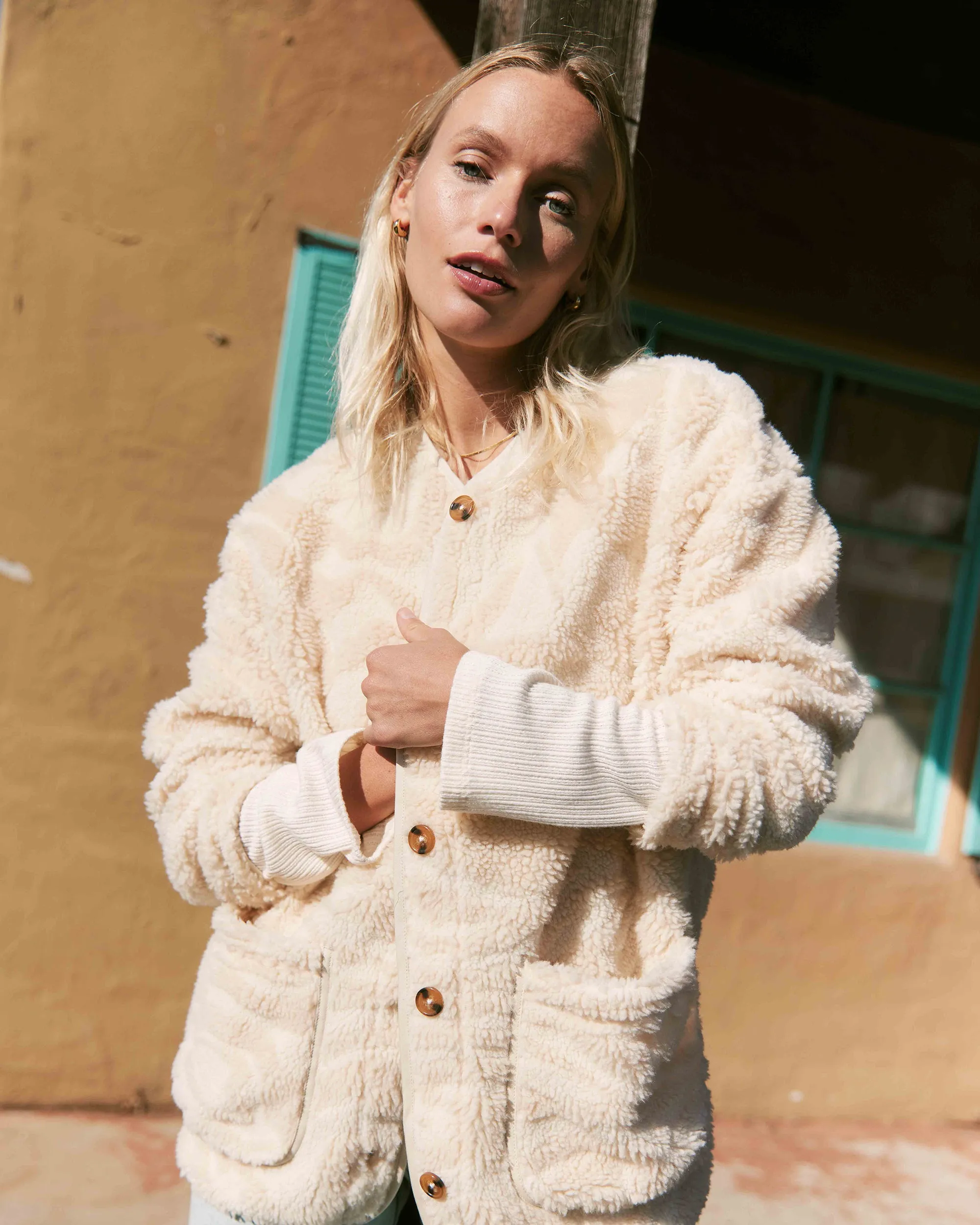 Fireside Cozy Buttoned Fleece Jacket - White Cap sold by Billabong