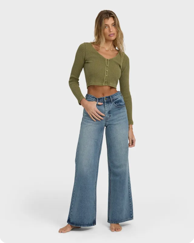 Free Fall High-Waist Denim Flare Pants - Atlantic Deep sold by Billabong