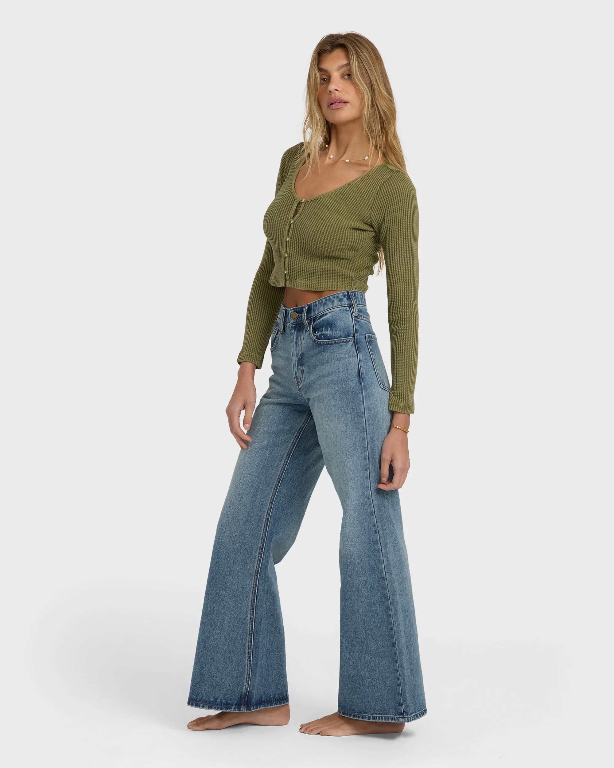 Free Fall High-Waist Denim Flare Pants - Atlantic Deep sold by Billabong product image thumbnail 3