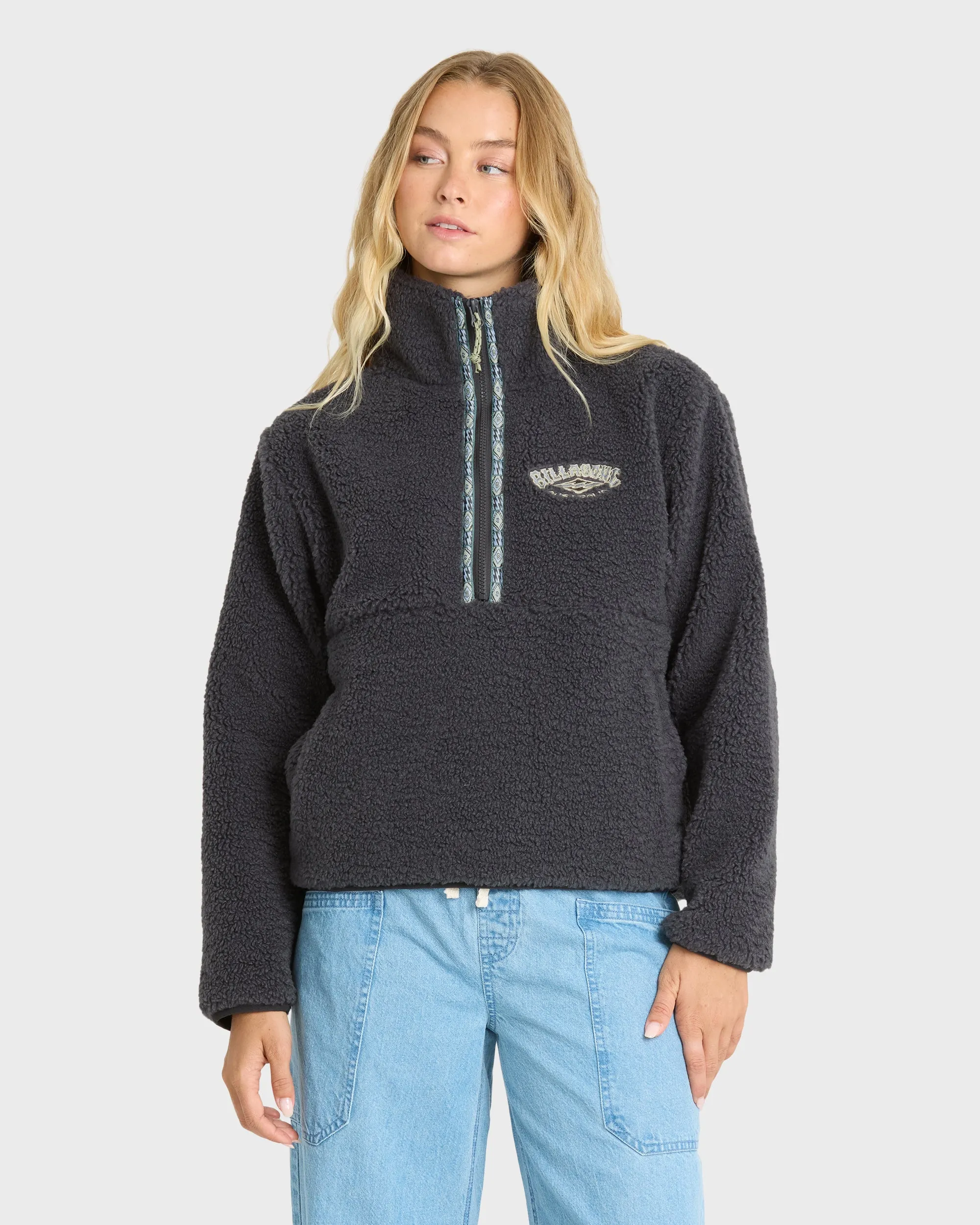 Horizon Sherpa Mock Neck Half Zip Sweatshirt - Black Sands sold by Billabong