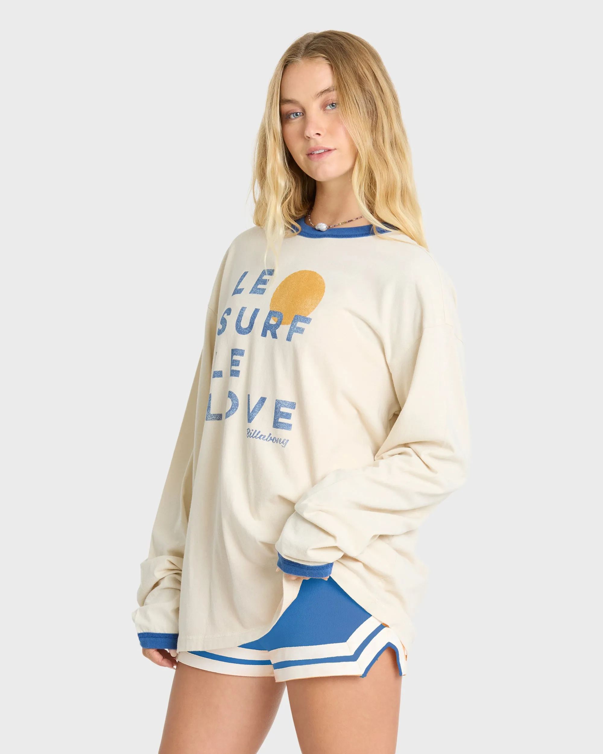 Le Love Surf Ringer Long Sleeve Cotton T-Shirt - White Cap sold by Billabong product image thumbnail 4
