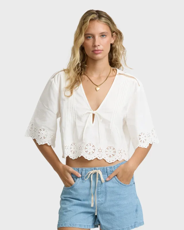 Light And Airy Short Sleeve Cotton Blouse - Salt Crystal made by Billabong