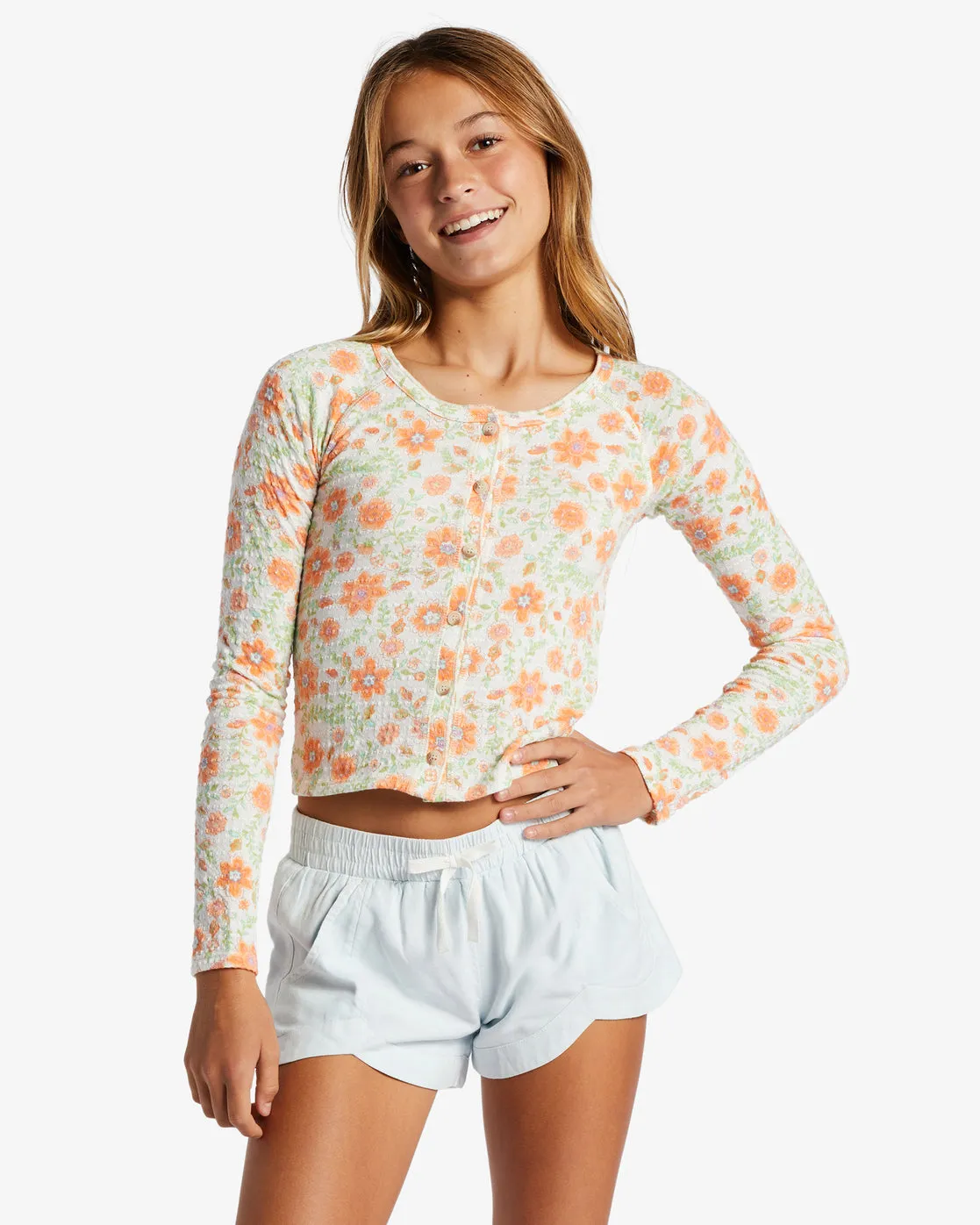 Girls Fall For It Buttoned Top - Salt Crystal sold by Billabong