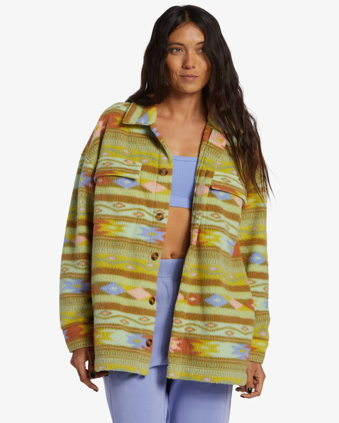 Happy Camper Shacket Button Sweater - Kiwi sold by Billabong