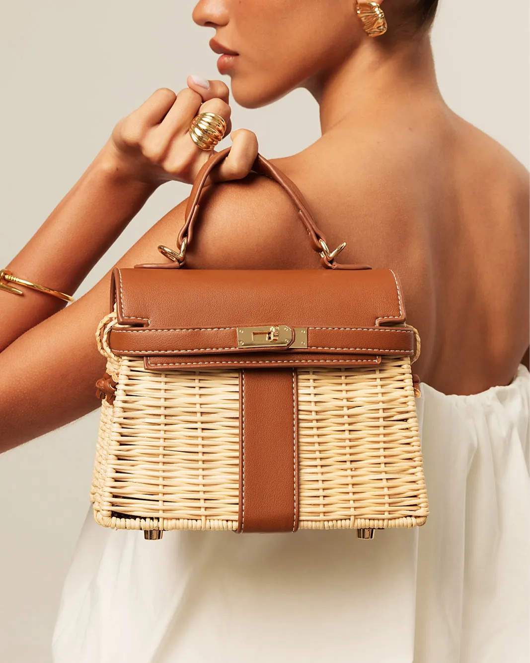 HARIETTE RATTAN HANDLE BAG - RATTAN-TAN sold by Billini