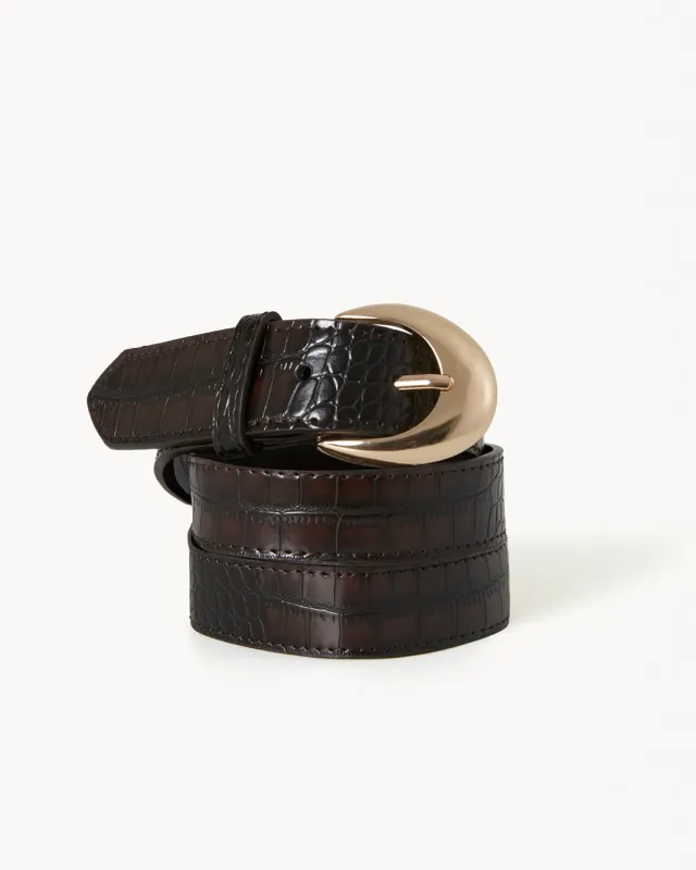 GWYNETH BELT - DARK CACAO CROC-GOLD sold by Billini