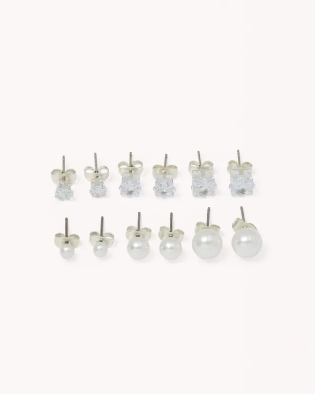 SAMILLA STUD 6 PACK - SILVER DIAMANTE-PEARL sold by Billini