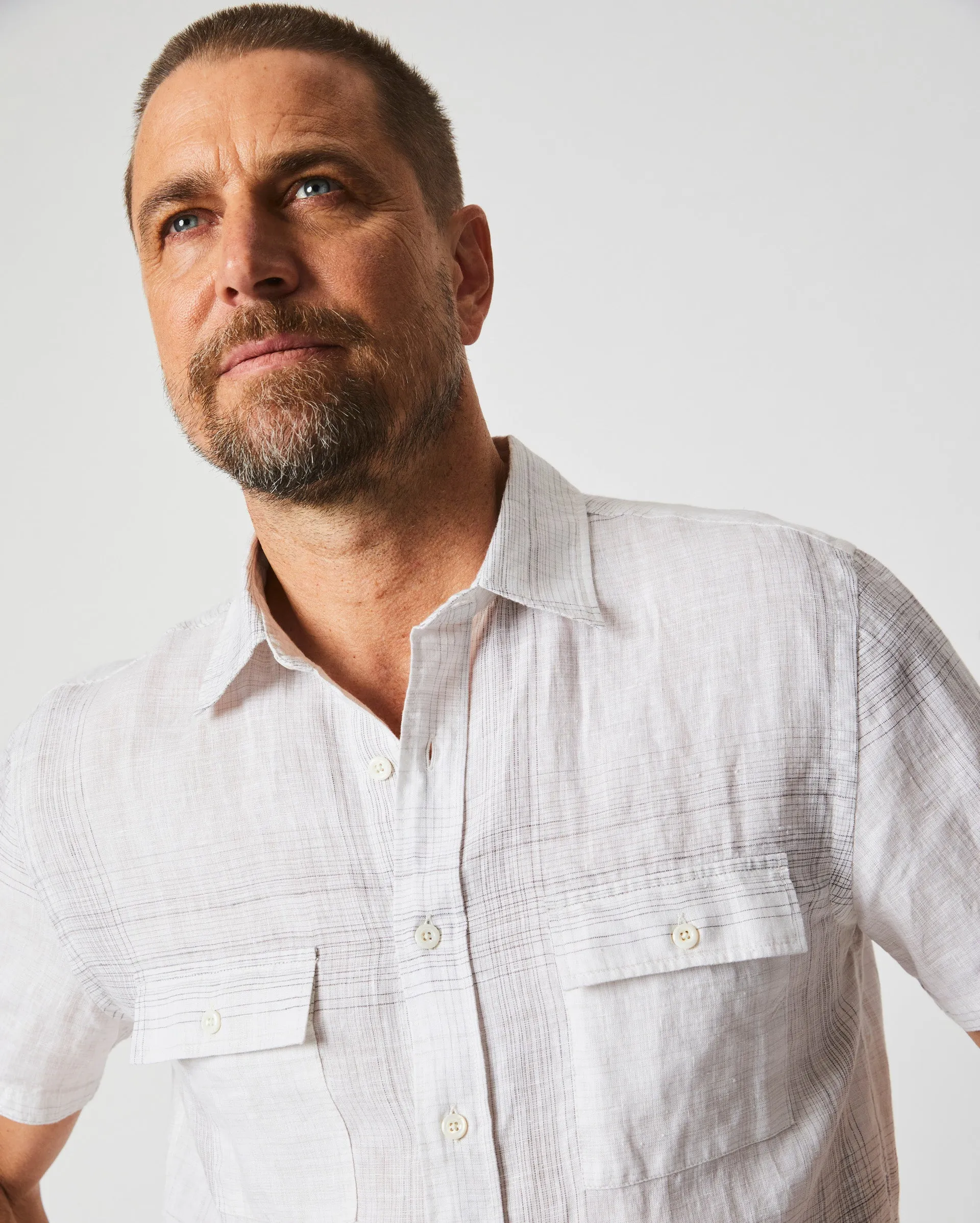 Short Sleeve Linen Line Plaid Banks Shirt sold by Billy Reid product image thumbnail 2
