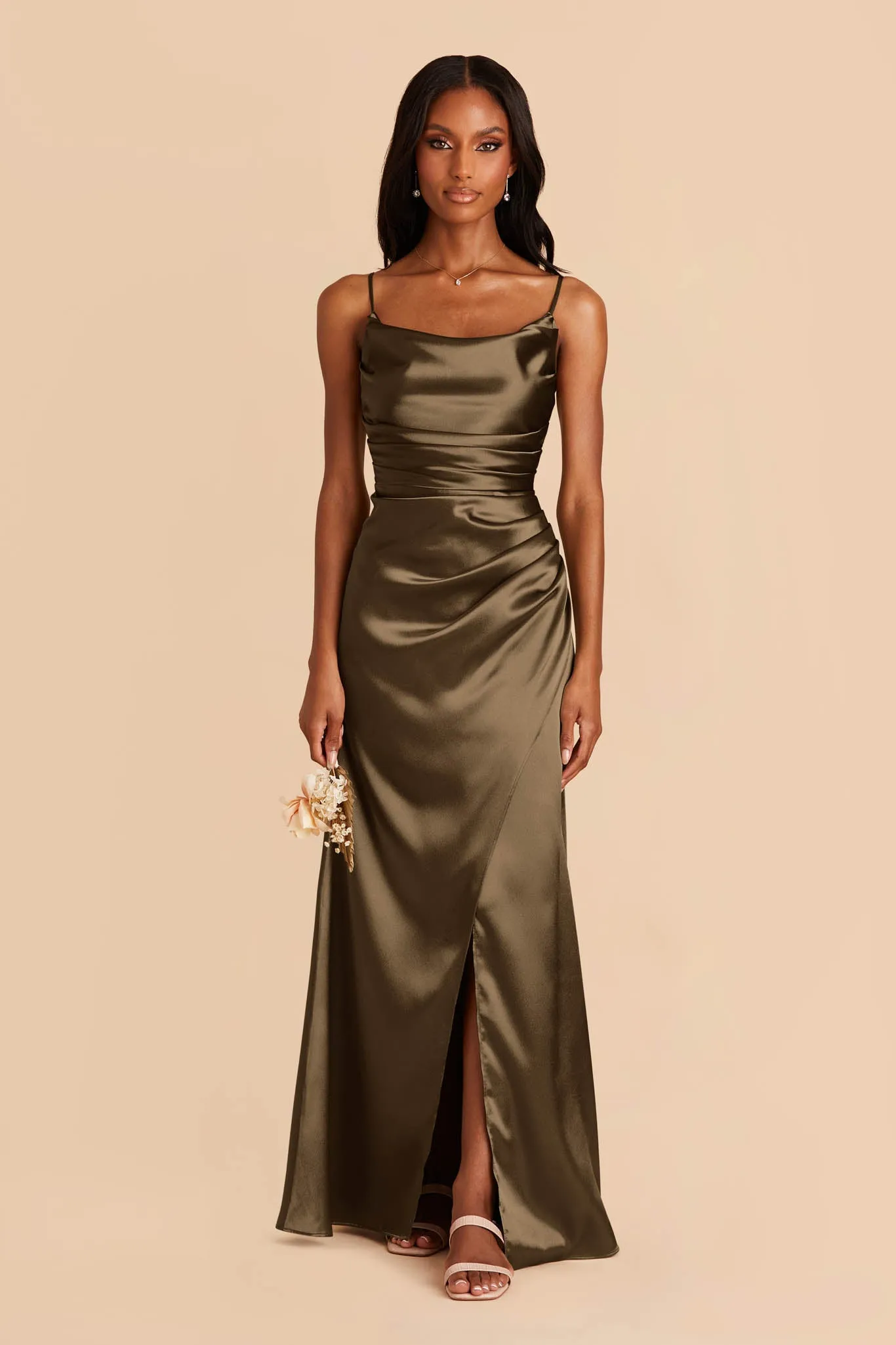 Lydia Shiny Satin Dress - Olive sold by Birdy Grey