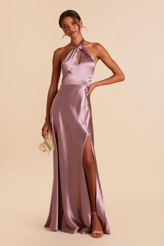 Monica Shiny Satin Dress - Dark Mauve sold by Birdy Grey