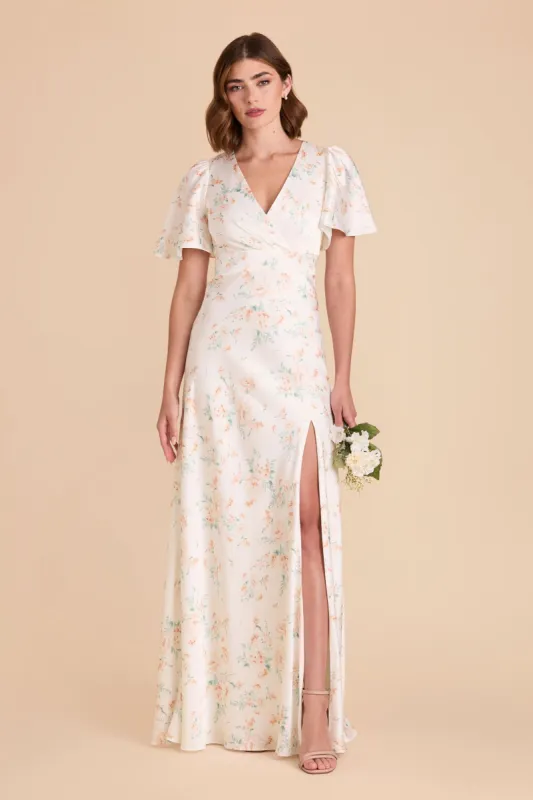 Marni Matte Satin Dress - Apricot Whimsical Blooms sold by Birdy Grey