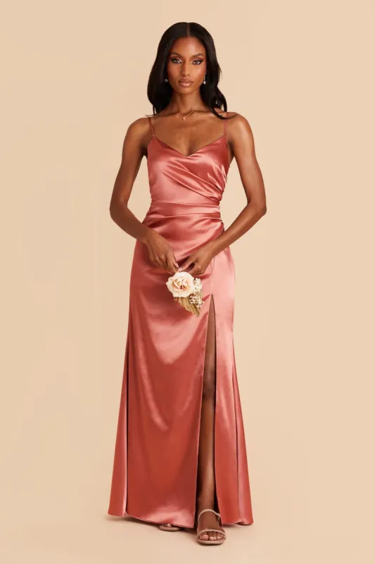 Catherine Shiny Satin Dress - Terracotta sold by Birdy Grey