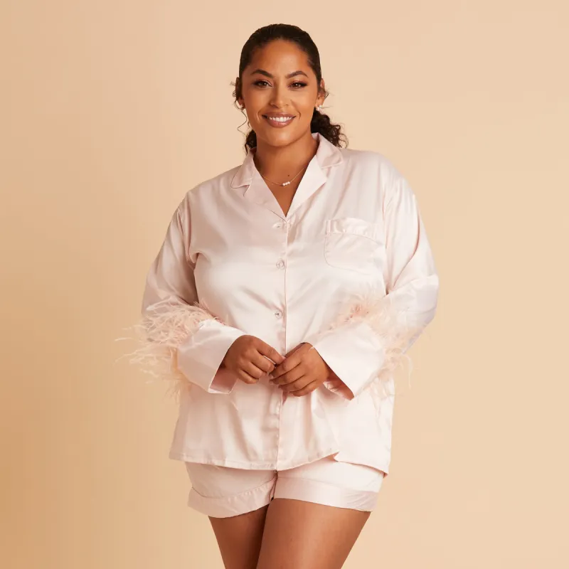 Short Satin Feathered Pajama Set - Blush sold by Birdy Grey
