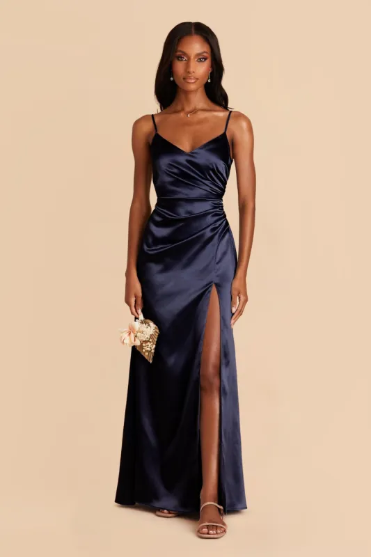 Catherine Shiny Satin Dress - Navy sold by Birdy Grey